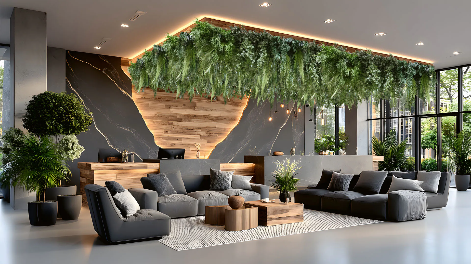 Hanging Garden Lounge Empfangsbereich Büro — Deckenbegrünung von MOOSMOOS